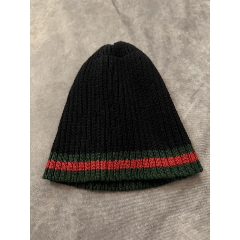 Gucci Men's Black Red/Green Striped Knit Beanie Hat, One Size